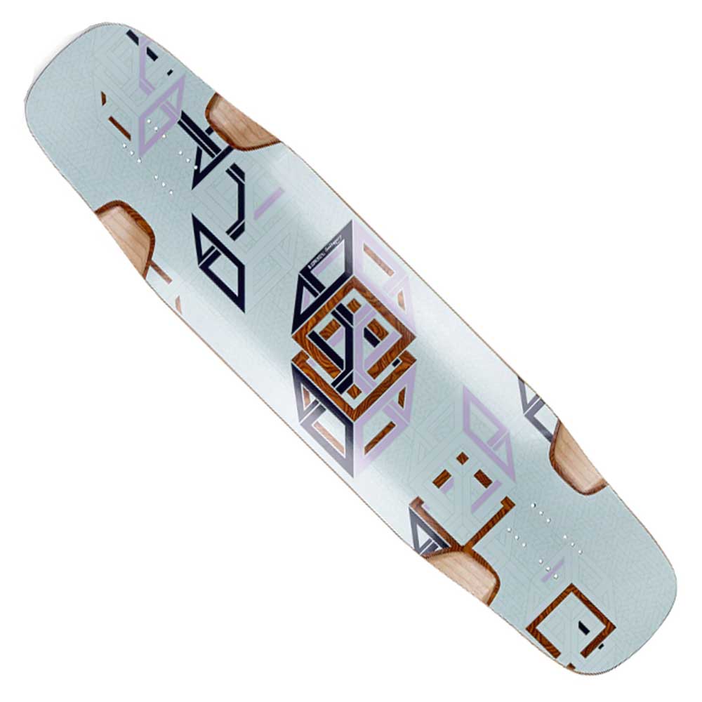 The Loaded Deck Spectra Tesseract II 39X9.6 Longboard features a light blue surface with brown, black, and light purple interlocking cube patterns. Its twin-tip shape and wheel cutouts make it perfect for freestyle tricks and smooth rides.