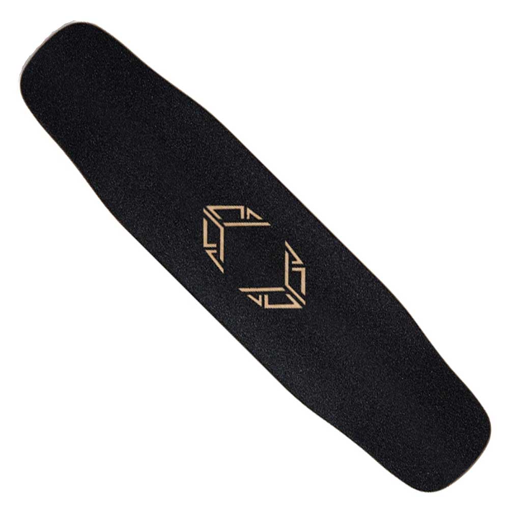 The Loaded Deck Chromo Tesseract II 39X9.6 Longboard features a black deck with a central gold geometric design and symmetrical angular pattern. Its wide, rectangular shape with rounded edges ensures stability for versatile riding styles.