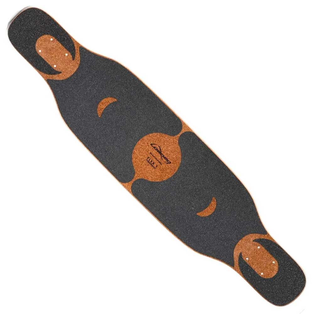 The Loaded Deck Symtail 39.5x8.75 Longboard features black grip tape with brown crescent accents, a central logo, and cutouts at both ends for truck mounts—perfect for carving.