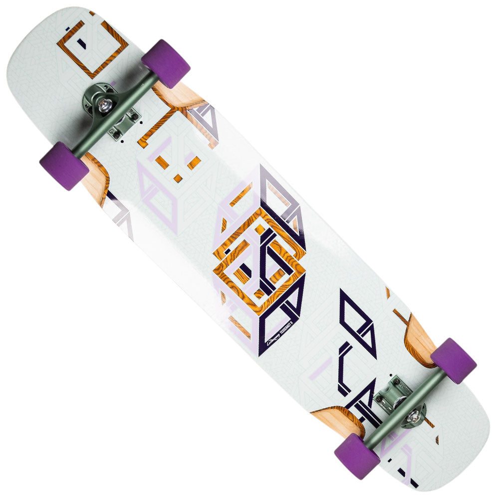 The Loaded Spectra Tesseract II 39X9.6 Complete Longboard features a white freeride deck with purple, gold, and gray geometric designs, a micro-drop platform, silver trucks, and purple wheels for a stylish and unique ride.