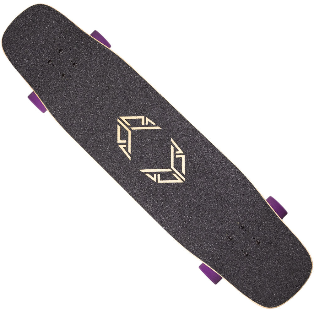 The Loaded Deck Spectra Tesseract II 39X9.6 Longboard features a black grip tape deck with a geometric center design and purple wheels. Its micro-drop deck adds extra stability, making it perfect for smooth freeride sessions, as shown from an overhead view.