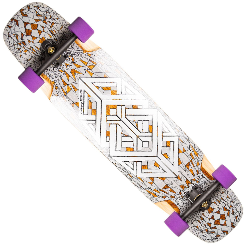 The Loaded Deck Chromo Tesseract II 39X9.6 Complete Longboard features purple wheels and a micro-drop deck with a geometric white maze design, plus orange and black mosaic patterns on a wood background.