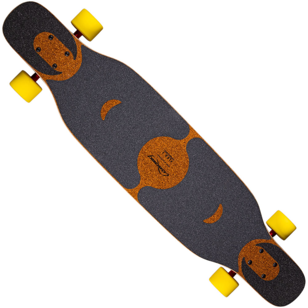 Top view of the Loaded Ballona 9x27.5 Complete Longboard with yellow wheels, dark grip tape, a monkey face graphic, and brown deck accents.