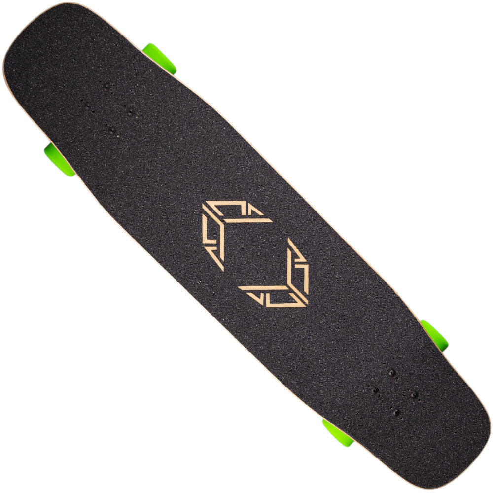 The Loaded Ballona 9x27.5 Complete Longboard features a geometric center design, black deck, and bright green wheels, shown in a top-down view.