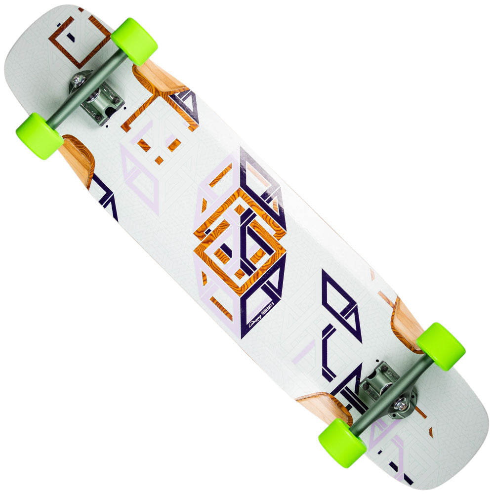 The Loaded Spectra Tesseract II 39X9.6 Complete Longboard features bright green wheels and a white deck with orange, purple, and black geometric patterns over visible wood grain.