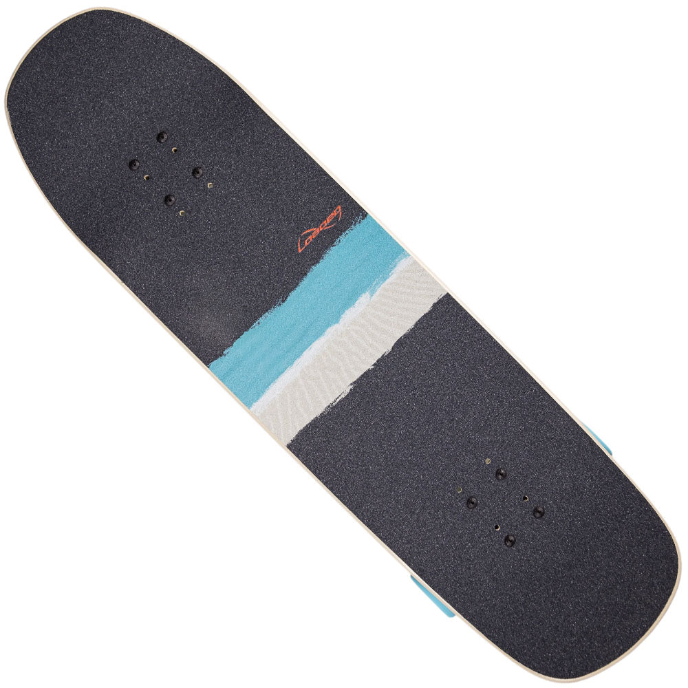 The Loaded Bolsa 2 9.4x34 Complete Longboard features a blue and white diagonal stripe design with black grip tape, two sets of truck mounting holes per end, and is perfect for pump tracks or surf skate styles.