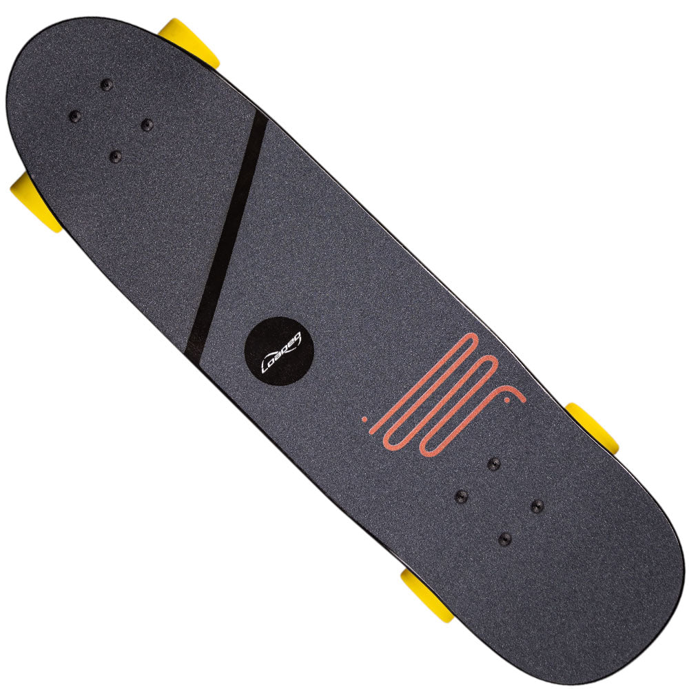 Top view of the Loaded Coyote 9.4x34 Complete Longboard, a black city cruiser with yellow wheels, a diagonal black stripe, round logo, and orange line designs on the griptape.