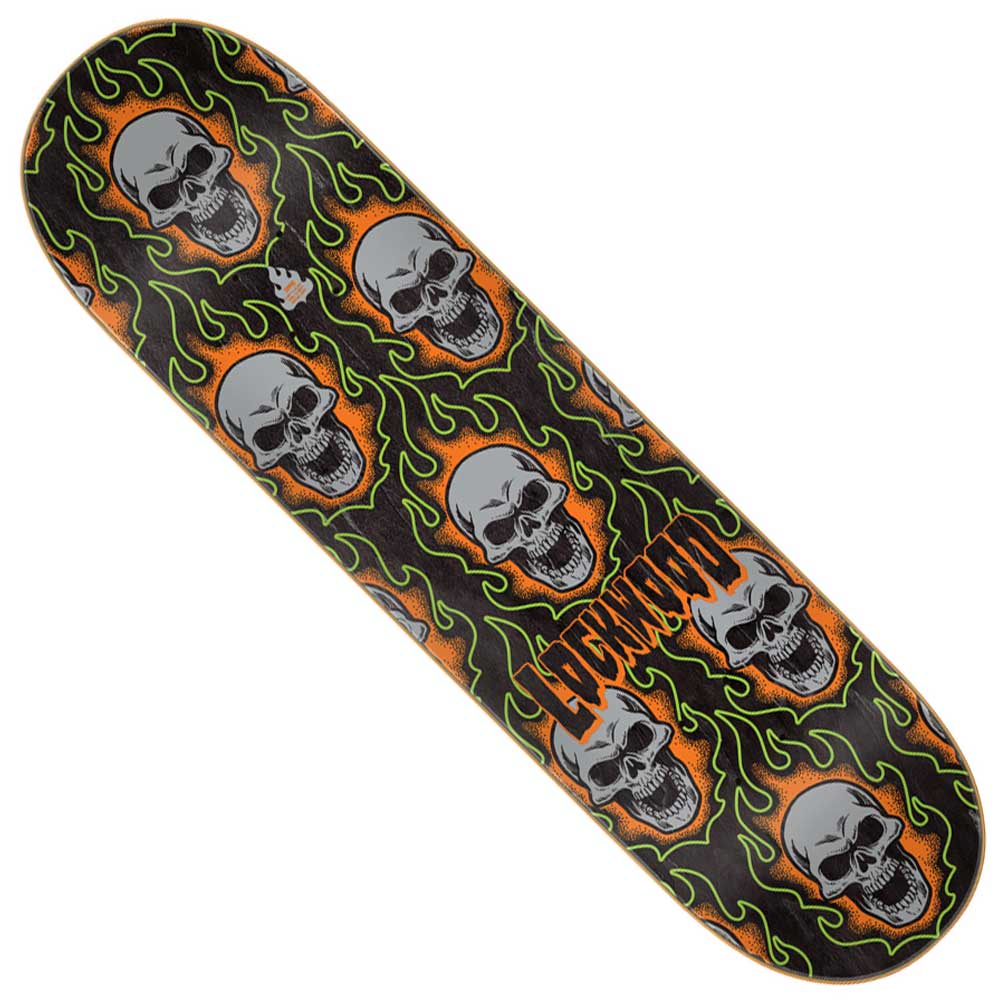 The Lockwood Bonehead Pro 8.25in x 32.04in Creature Deck features a durable 7-ply North American Maple construction and showcases a striking design of gray skulls, orange and green flames, and the word LOCKDOWN in fiery orange lettering, capturing the bold style characteristic of Creature’s graphics.