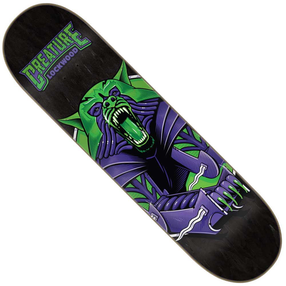 The Lockwood Robo Wolf Pro 8.25in x 32.04in Creature Skateboard Deck features a bold green and purple cat-like creature graphic with claws extended and stylized CREATURE LOCKWOOD text on 7 ply North American Maple.