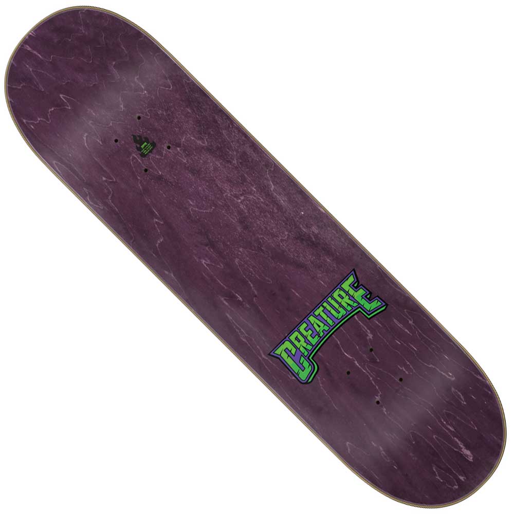 The Lockwood Robo Wolf Pro 8.25in x 32.04in Creature Skateboard Deck features a dark purple, 7-ply North American Maple build with wood grain pattern and bright green CREATURE lettering; part of the Creature Pro series.