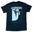 The Logo Black Tee Curbslayer features a bold white skateboarder graphic over a stylized D with “CURB SLAYER” text on the back—ideal for fans seeking a standout skate-inspired black tee.