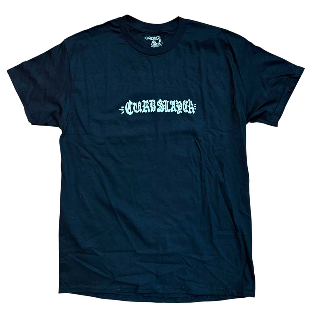 The Logo Black Tee Curbslayer features a bold white "CURB SLAYER" design on the chest and is displayed flat on a white background for a clean, modern look.