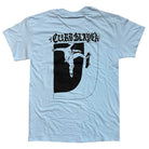 Logo Light Blue Tee Curbslayer features a bold black skateboarder graphic inside a large "D" on the back, with "CURB SLAYER" in stylized text above the image.