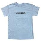 A light gray Curbslayer T-shirt with bold black "CURB SLAYER" Gothic lettering is laid flat on a white background—perfect to pair with your Logo Light Blue Tee Curbslayer.
