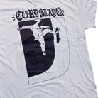 The Logo Light Blue Tee Curbslayer features a white tee with a bold black and white graphic of a hooded skateboarder performing a trick over a curb, with “Curbslayer” in stylized text above the image.