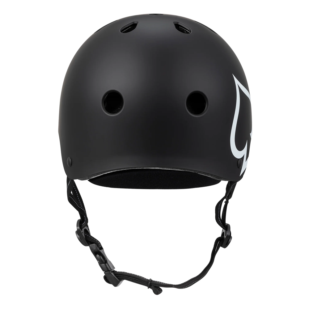 The Low Pro CPSC Protec Matte Black Helmet features ventilation holes, a deep fit, adjustable chin strap, CPSC certification, and a white graphic design on the side.