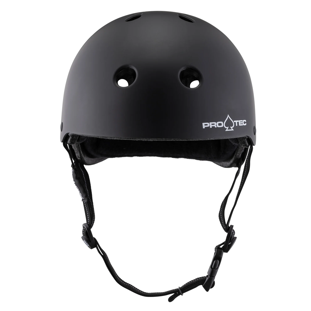 The Low Pro CPSC Protec Matte Black Helmet is a deep fit skateboard helmet with ventilation holes, adjustable straps, chin buckle, and features the PRO-TEC logo in white on the front right side.
