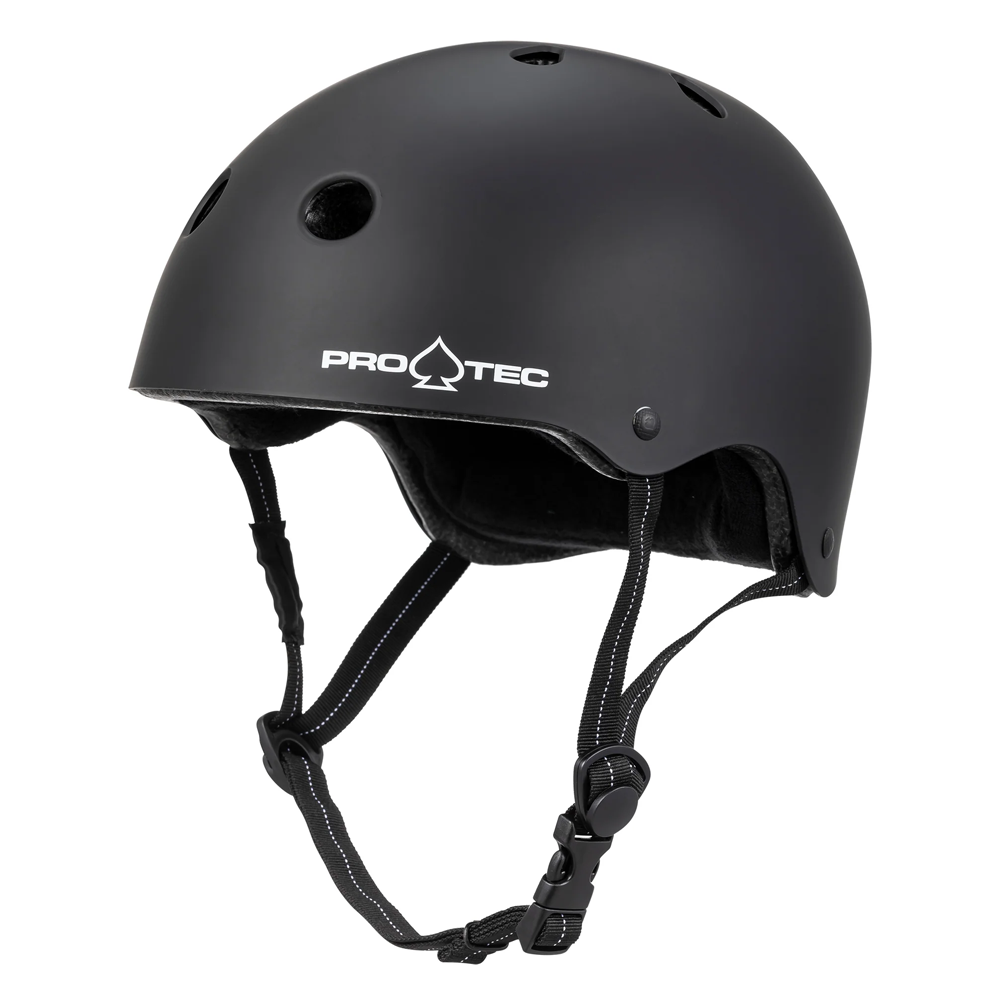 The Low Pro CPSC Protec Matte Black Helmet features ventilation holes, adjustable chin straps with a buckle, and an adjustable fit for safety and comfort during skateboarding or biking.