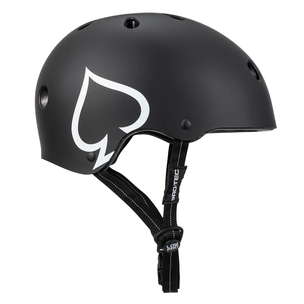 The Low Pro CPSC Protec Matte Black Helmet features a matte black finish, white spade symbol, multiple ventilation holes, and an adjustable black chin strap for a secure, comfortable fit.