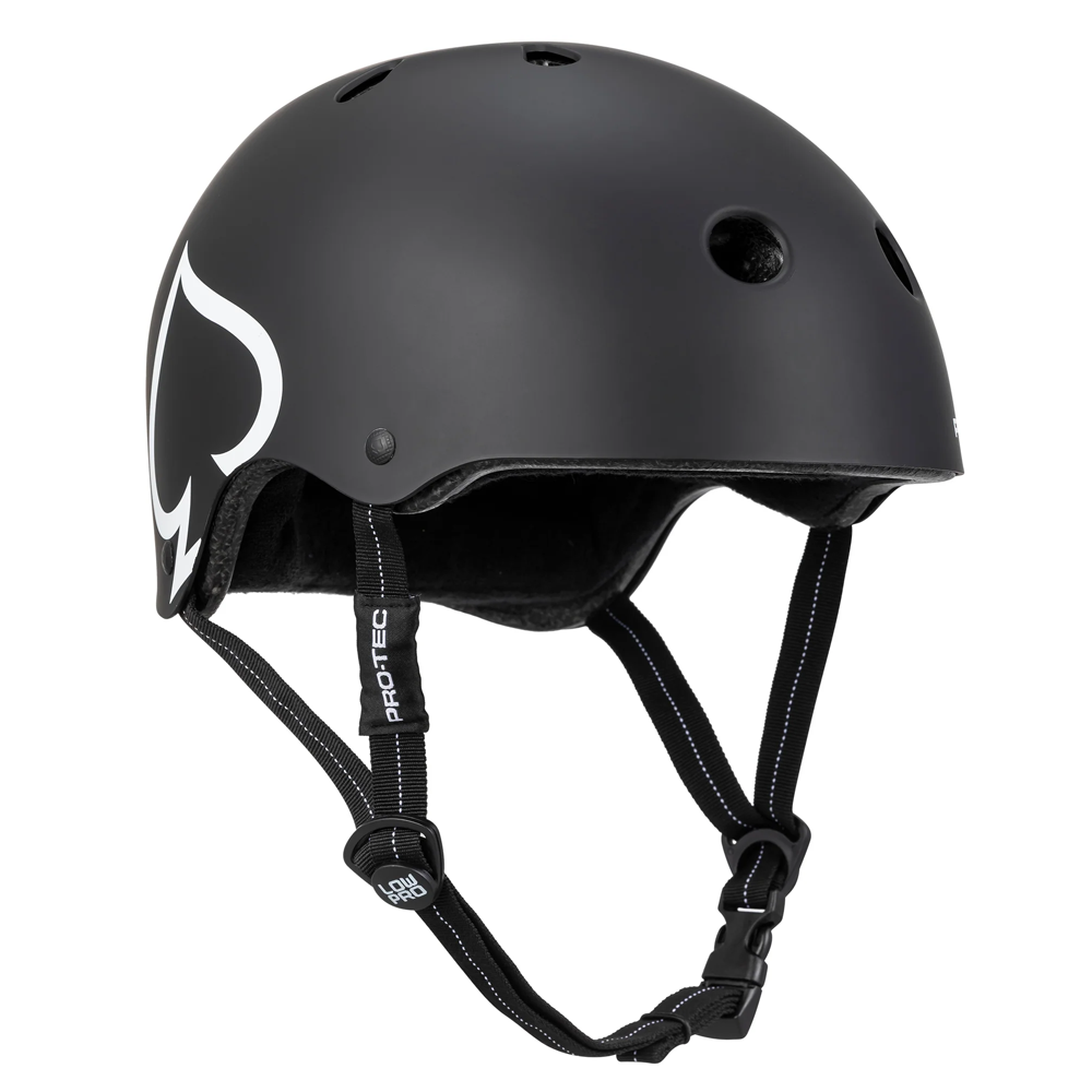 The Low Pro CPSC Protec Matte Black Helmet features certified protection, ventilation holes, adjustable black chin straps for a deep fit, and a large white graphic logo on the side.