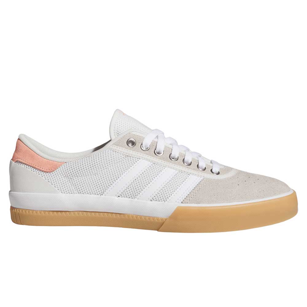The Lucas Premiere White Coral HQ7524 Adidas Skateboarding Suede Shoes feature a white and light beige upper, white laces, three white stripes, a light peach heel accent, and a gum rubber sole inspired by classic board-ready Lucas Premiere style.