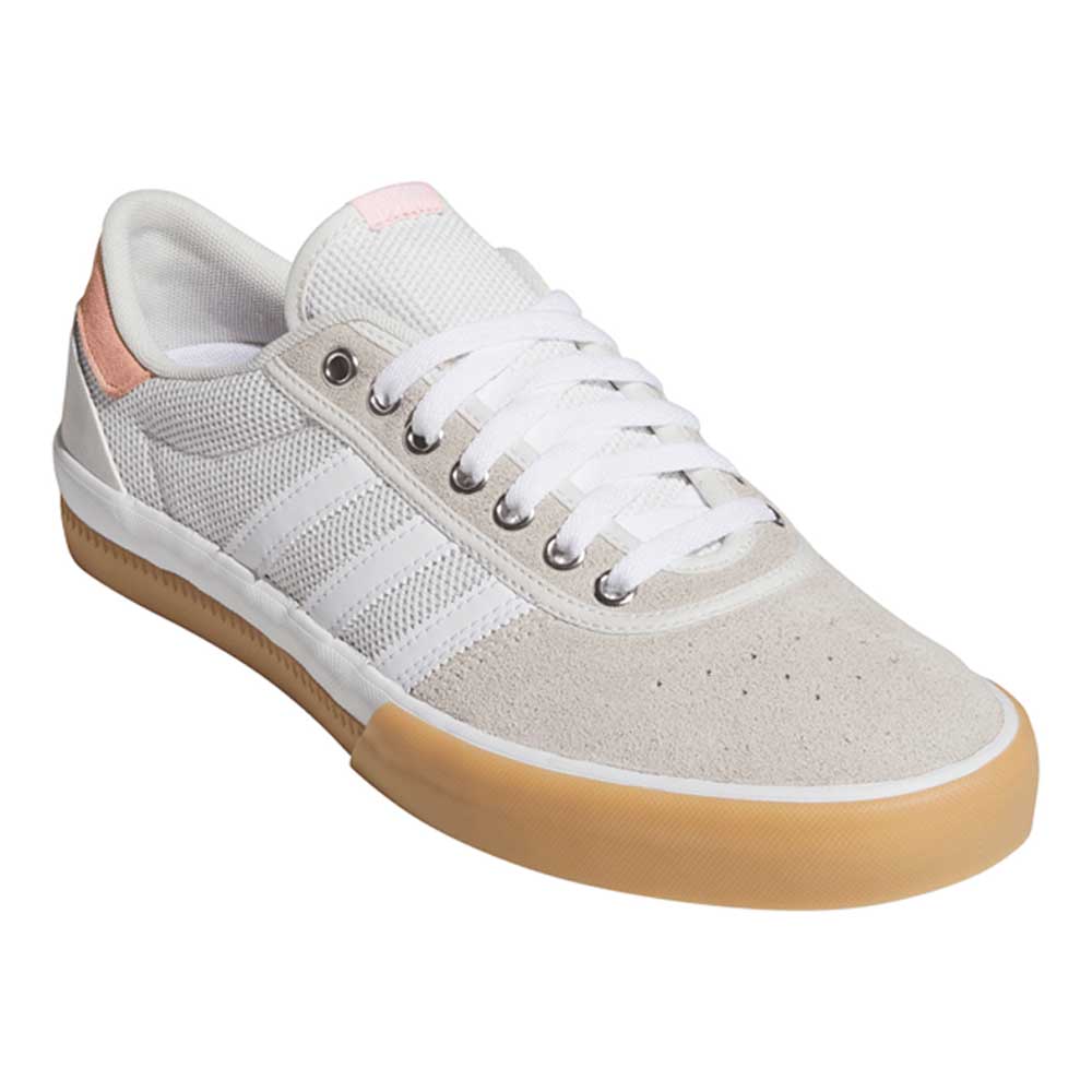 The Lucas Premiere White Coral HQ7524 Adidas Skateboarding Suede Shoe features a white and beige design with a suede toe, mesh upper, white laces, three white stripes, pink heel accent, and a tan rubber sole.