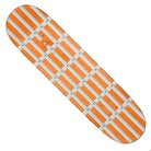 The Lucas Pro Collage 8.25 Palace Deck features an orange and white checkered striped pattern with alternating rectangular strips—a vibrant skateboard perfect for stylish rides.