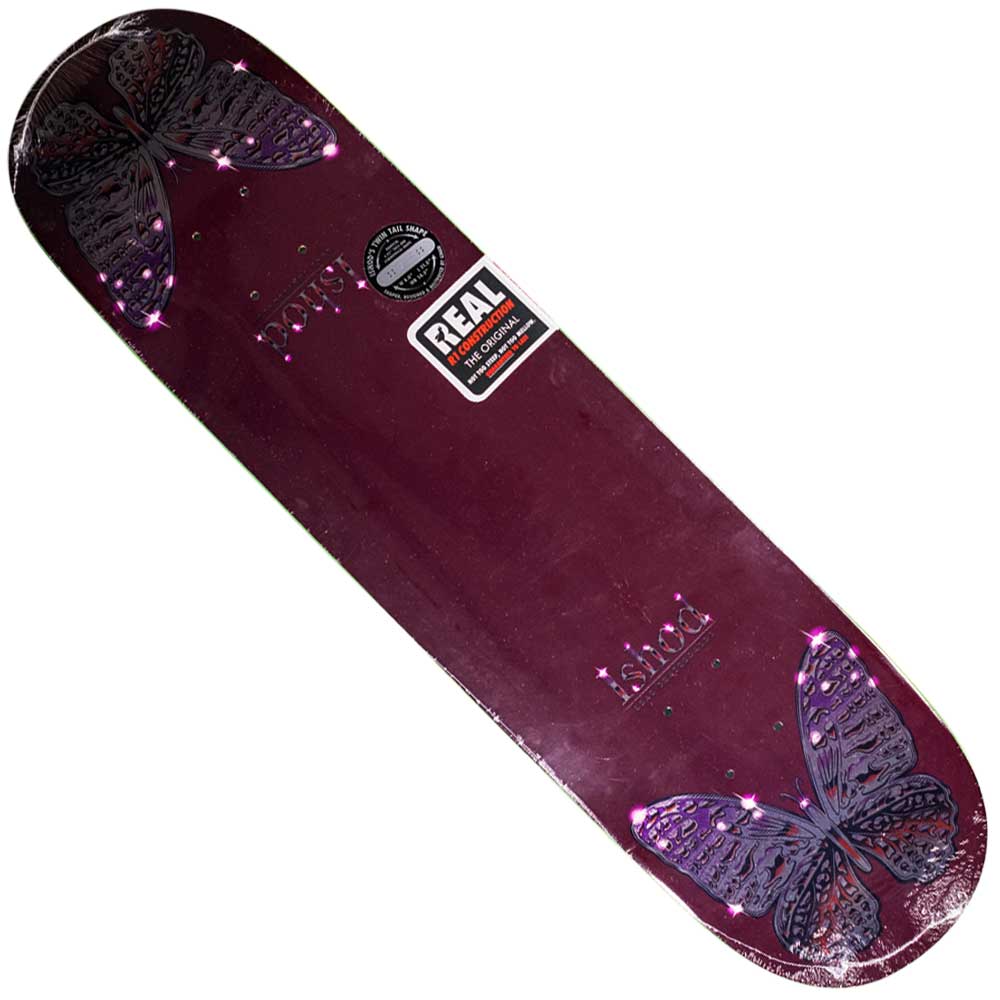 The Mariposa Redux Ishod Burgundy 8 Twin Tail Real Skateboard Deck features a maroon base with two large purple butterflies, glossy accents, and a REAL sticker, all inspired by Ishod’s signature style.