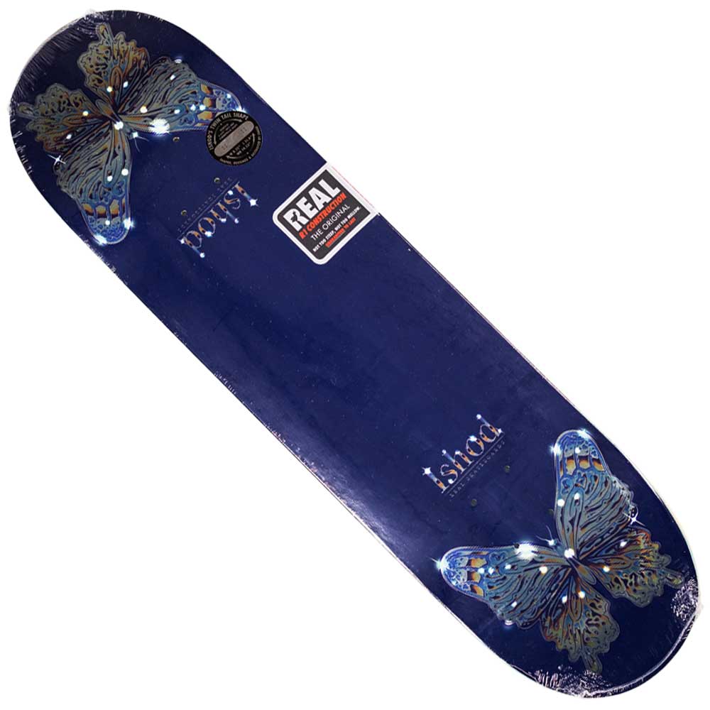 The Mariposa Redux Ishod Blue 8.2 Twin Tail Real Skateboard Deck features two detailed butterflies, the name Ishod, a "REAL" brand sticker, and a small round logo sticker.