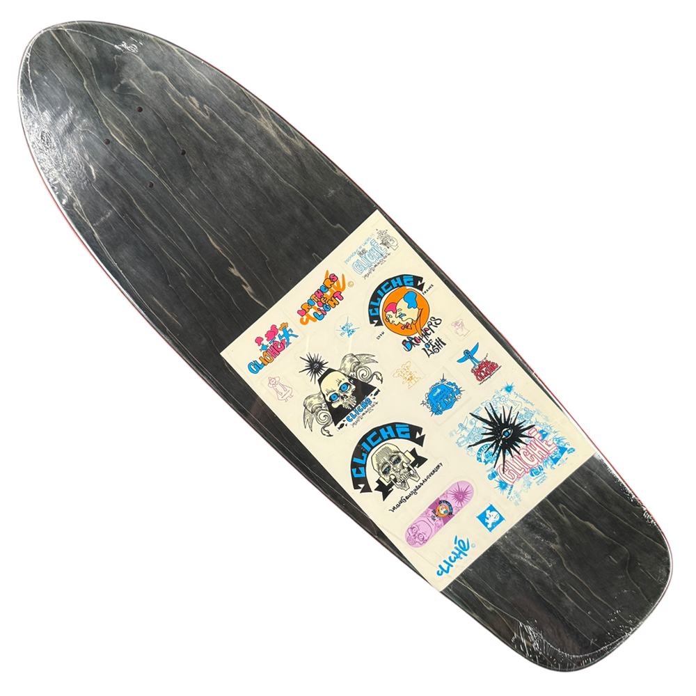 The Mark Gonzales Brothers of Light Guest Cliche Cruiser Deck 8.6x29 Collectible features a black deck with a large beige sticker adorned with colorful skulls, cartoon characters, and unique designs, making it a standout piece.