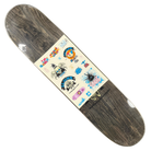 The Mark Gonzales Brothers of Light Guest Cliche Deck 7.9x31.25 is a collectible skateboard deck with a wood grain finish, showcasing a vibrant central collage of cartoon characters, logos, and Cliché Skateboards-inspired graphics.
