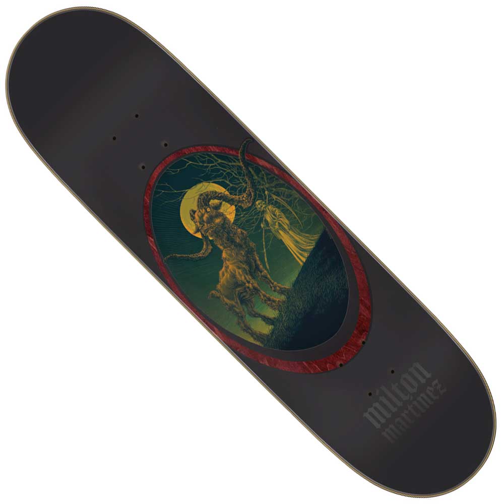 The Martinez Guardian Pro Stumps 8.6in x 31.95in Creature Skateboard Deck features a black North American Maple design with detailed goat-and-tree artwork, a yellow moon, green background, and Milton Martinez’s name printed in gray near the bottom.