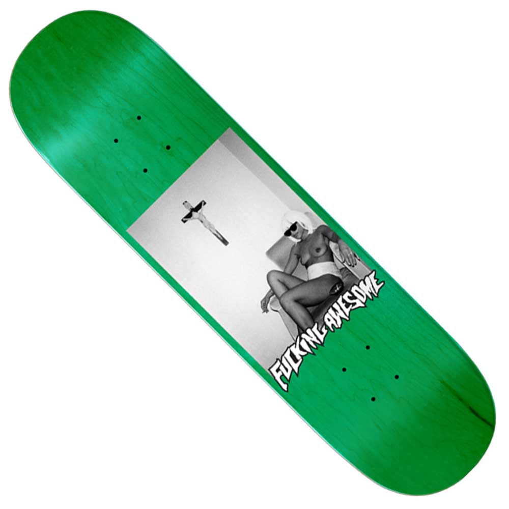 The Mary 2026 8 FA Deck is a green skateboard deck featuring a black-and-white photo of a seated person wearing sunglasses and a bikini, with a crucifix on the wall and "Fucking Awesome" text overlay at the bottom.