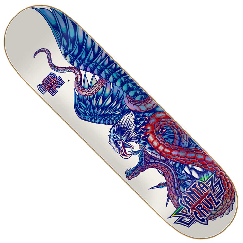 The McCoy Battle VX Deck 8.25in x 31.83in from Santa Cruz Decks showcases vibrant artwork of a fierce eagle fighting a red snake, with the Santa Cruz Skateboards logo in bold, stylized letters on the lower right. Built with advanced VX TRI-X technology, this deck delivers exceptional strength and extra pop for dedicated riders.