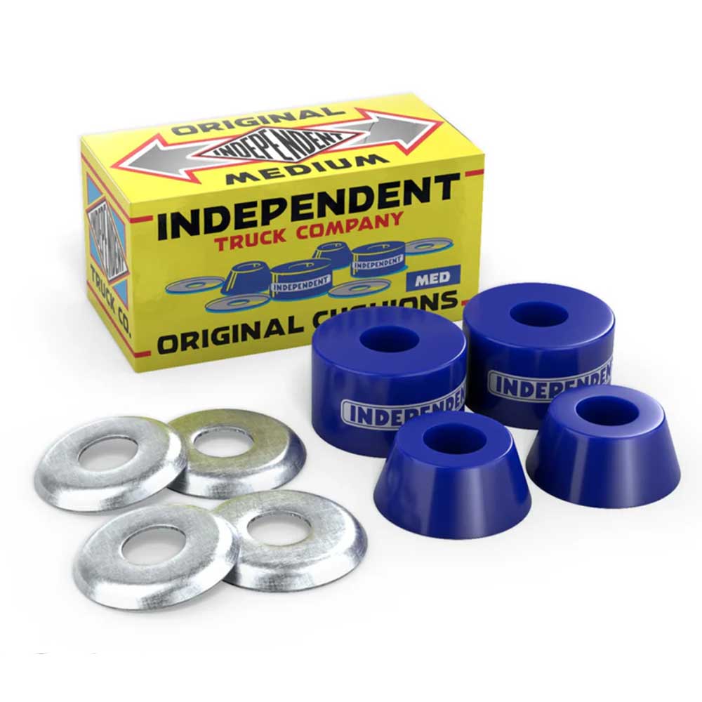 A box labeled Medium 92a Original Independent Stage 4 Genuine Parts Blue Cushions sits behind four blue skateboard cushions and four silver washers, all neatly displayed on a white surface.