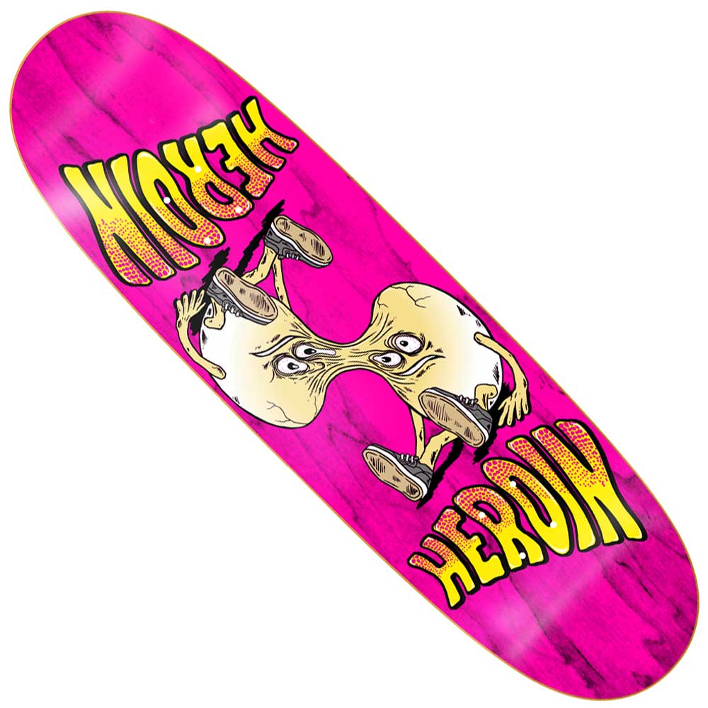The Merged Egg 8.88 Heroin Skateboards Deck Shaped is a pink hard rock maple deck with bold yellow "HEROIN" lettering and a surreal, distorted two-faced character with legs and shoes illustrated at the center.