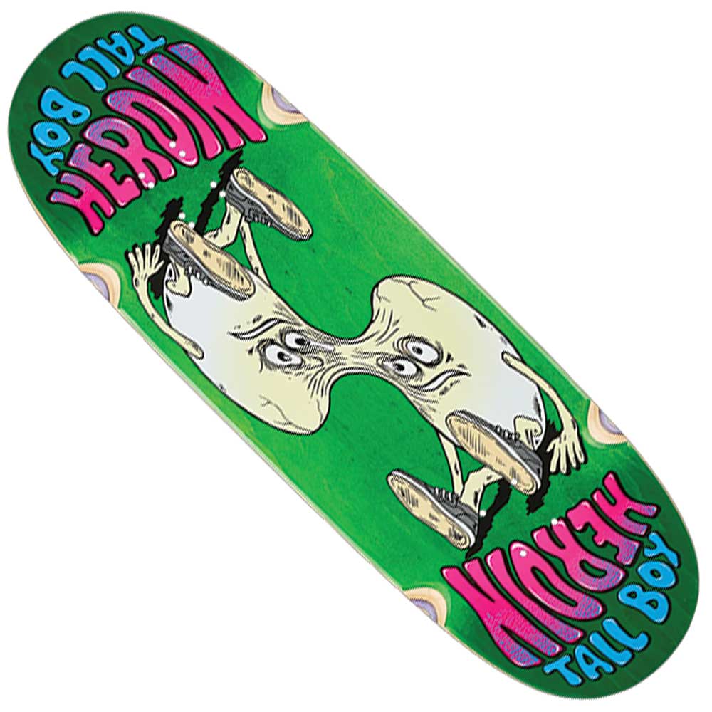 A Merged Tall Boy 10.25x33 Heroin Skateboards Deck Shaped with a green background, featuring the distorted cartoon figure known as the Merged Tall Boy—depicted with two faces and sneakers—and displaying the words “Heroin Tall Boy” in bright pink and blue at both ends.