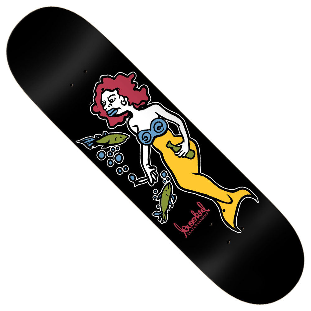 Introducing the Mermaid Black DBX 8.25x32 Krooked Skateboard Deck—a lightweight and durable deck crafted with advanced basalt technology. It features an eye-catching cartoon mermaid with red hair, a blue top, and a yellow tail, surrounded by two green fish and playful bubbles on a black background, ensuring both standout style and reliable performance for every ride.