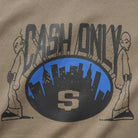 The Metro Tee Stone Cash Only features a screenprint graphic with "CASH ONLY" above a blue oval, black city skyline, large S at center, and two stylized figures, printed on a 6.5oz cotton heavyweight tee.