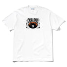 The Metro Tee White Cash Only is a heavyweight cotton shirt with a screenprint graphic of two statues, a city skyline, CASH ONLY text, and a bold black and orange football with an “S” at the center.