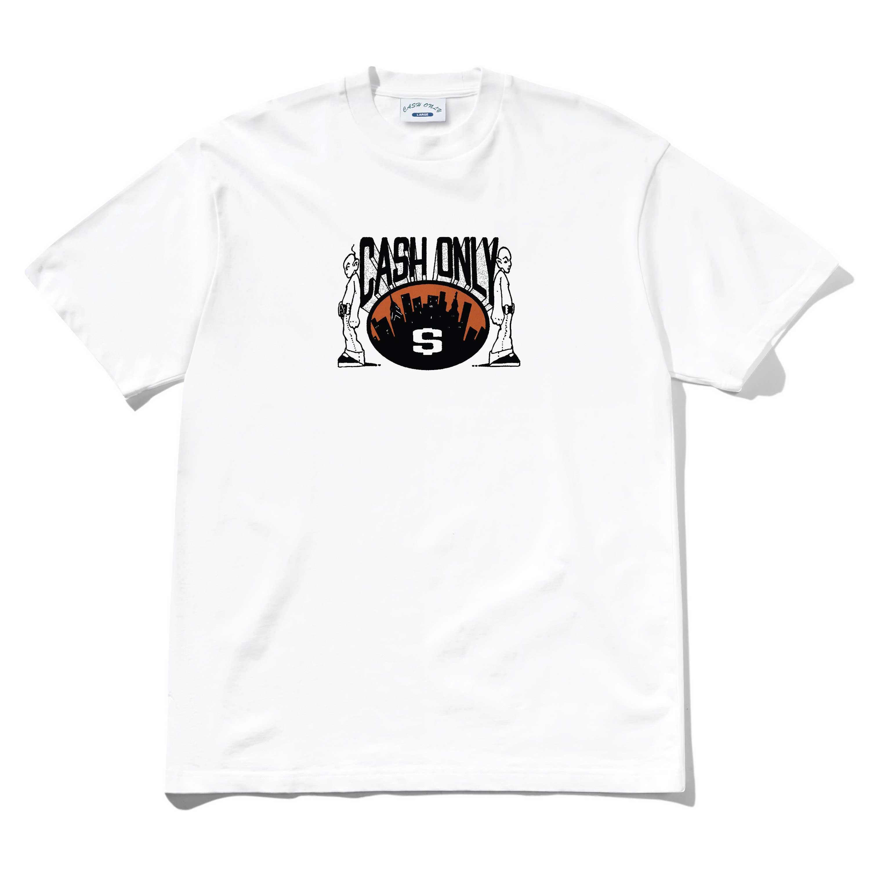 The Metro Tee White Cash Only is a heavyweight cotton shirt with a screenprint graphic of two statues, a city skyline, CASH ONLY text, and a bold black and orange football with an “S” at the center.