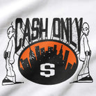 A screenprint graphic for the Metro Tee White Cash Only features "CASH ONLY" above a city skyline in an orange oval, a big white S at the bottom, and two cartoon characters back-to-back on each side.