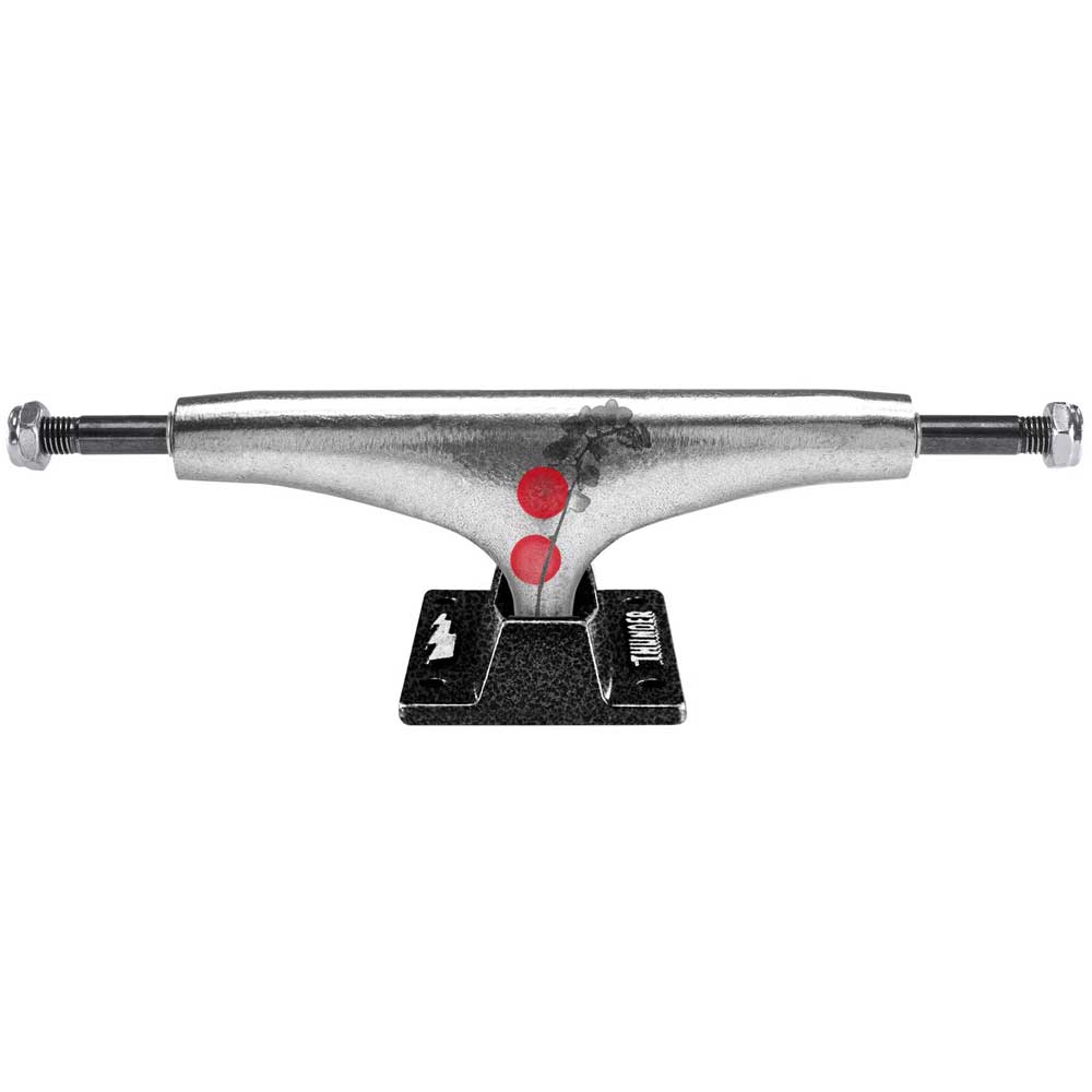 The Meurle Emulsion Hollow Lights Polished Black Thunder 147 Trucks (set of two) feature a silver hanger with two red dots, a black baseplate, and a small black tree graphic for a durable, stylish ride.