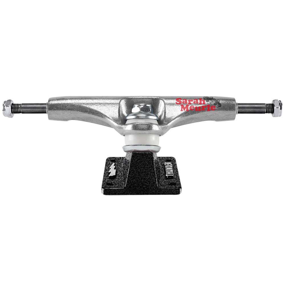 The Meurle Emulsion Hollow Lights Polished Black Thunder 147 Trucks (set of two) feature a durable silver hanger with red Sarah Meurle text and a black baseplate—ideal for Thunder Truck fans seeking style and performance.