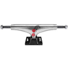The Meurle Emulsion Hollow Lights Polished Black Thunder 148 Trucks Set of TWO features a durable silver design with two red dots, a black tree graphic at the center, and a sturdy black baseplate.