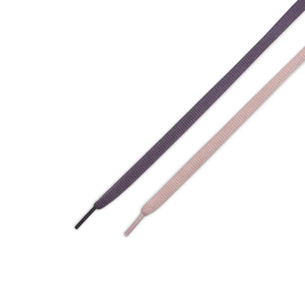 Two flat shoelaces—one dark gray with a black tip and one light pink with a matching tip—are arranged diagonally on white, the perfect accessory for your Minereal Slate Dark Raisin Dunk Low Pro HQ1625300 Suede Skateboarding sneakers.