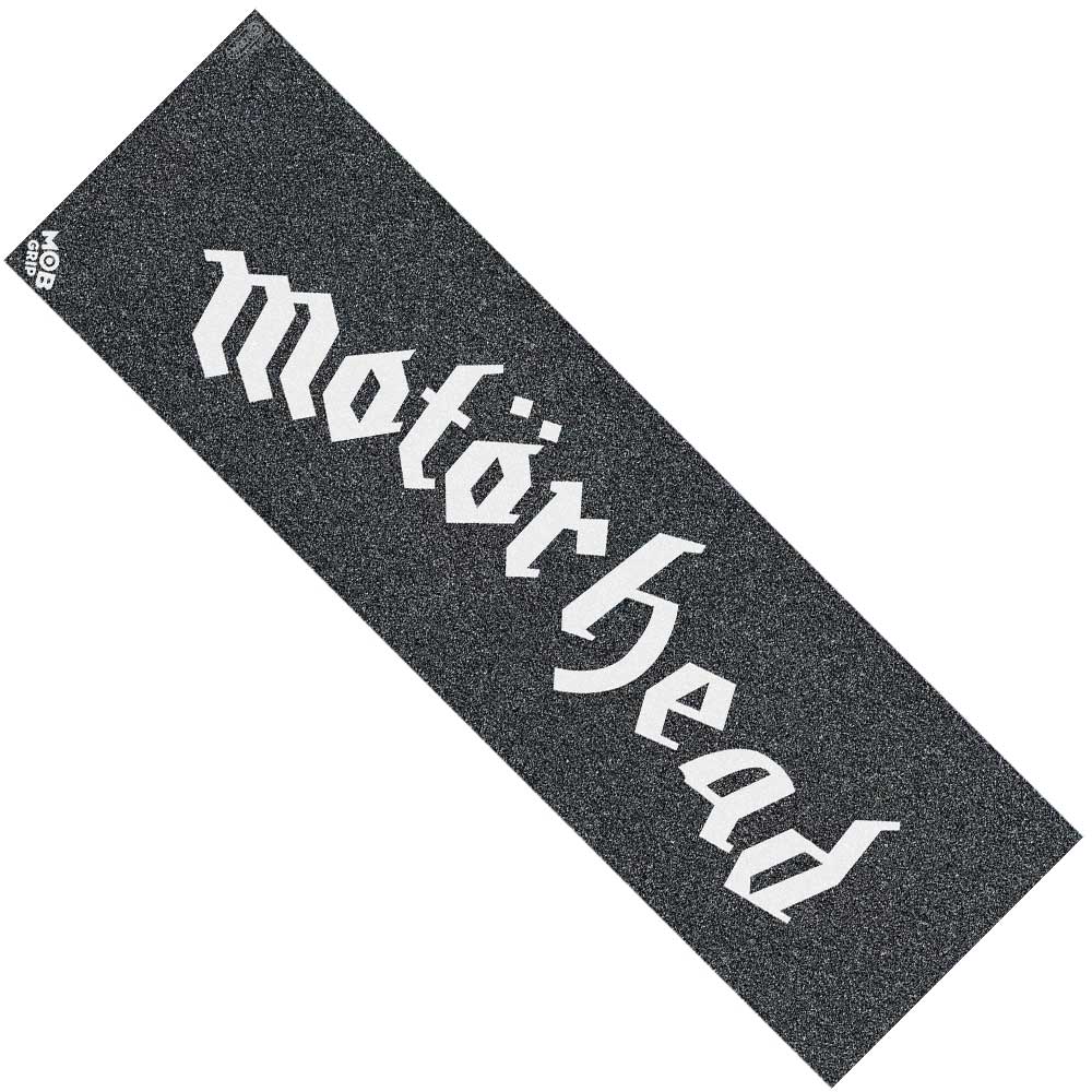 The Motorhead Old English Grip Tape by Mob features a black 10in x 33in rectangular design for your skateboard, with the iconic white Motörhead logo in bold, stylized font and a small Mob Grip logo in the top left corner.