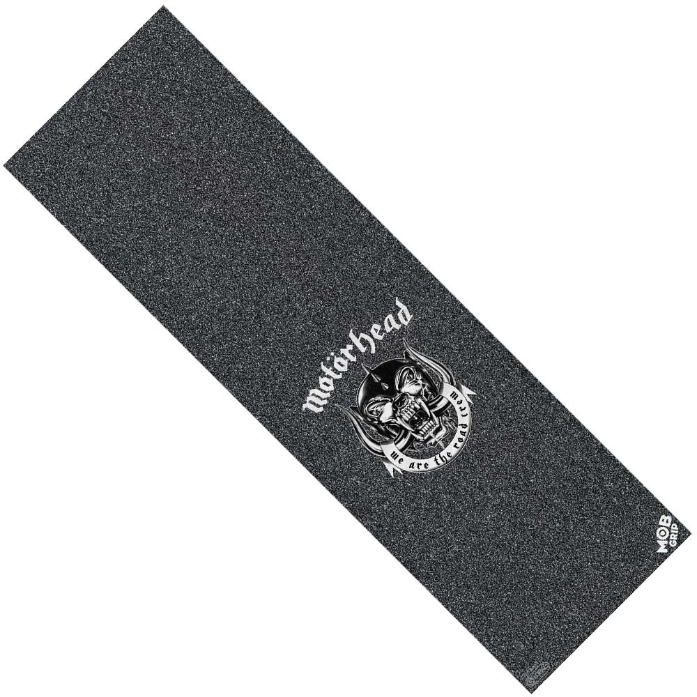 The Motorhead War Pig Grip Tape 10in x 33in Graphic Mob Griptape features black griptape with the Motörhead War Pig logo and mascot in white, the phrase “We are f***ing Motörhead,” and a small Mob Grip logo in the corner.