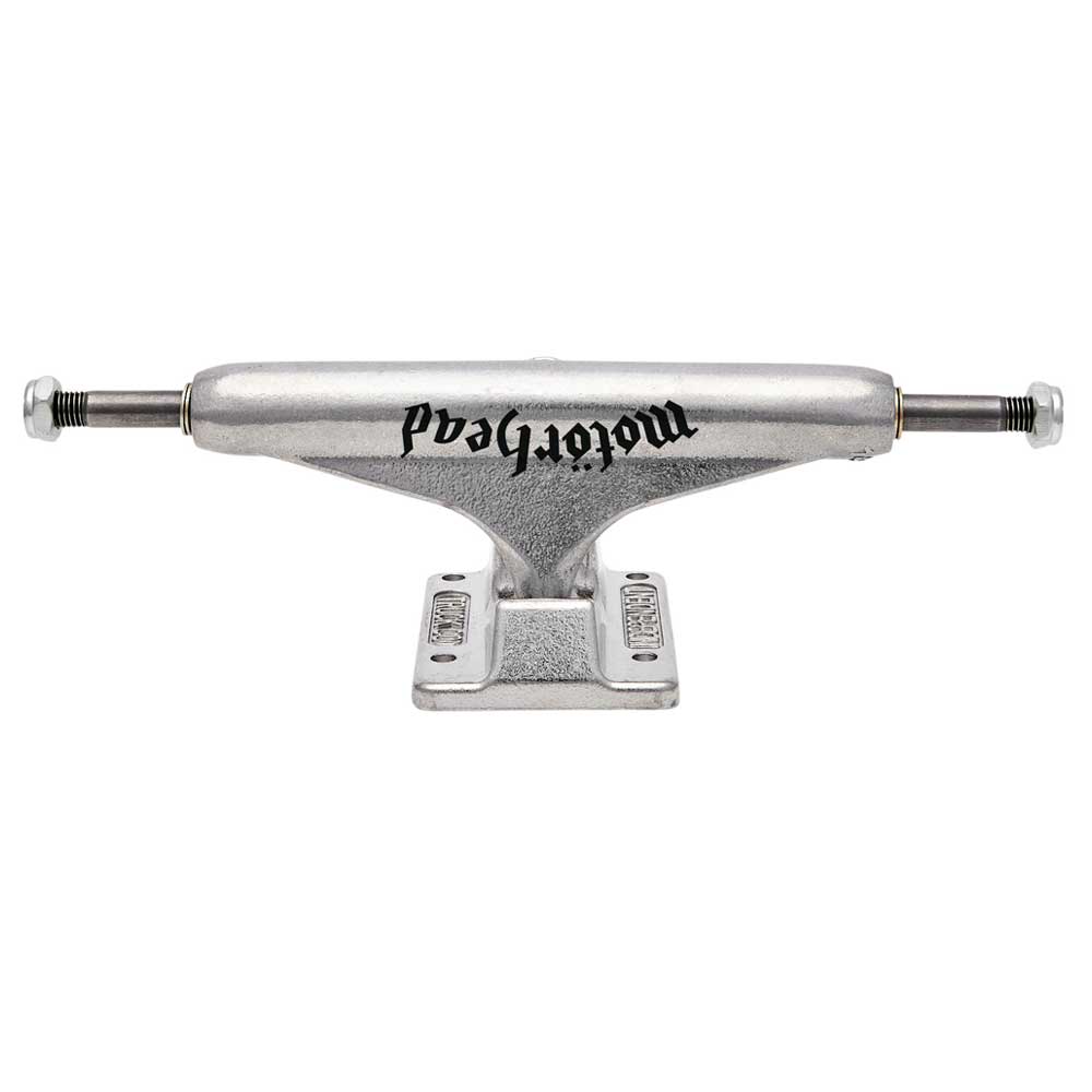 A set of TWO polished silver Motorhead Hollow INDY 149 Standard Stage 11 skateboard trucks with "motorhead" in black, mounted upright and photographed against a white background.