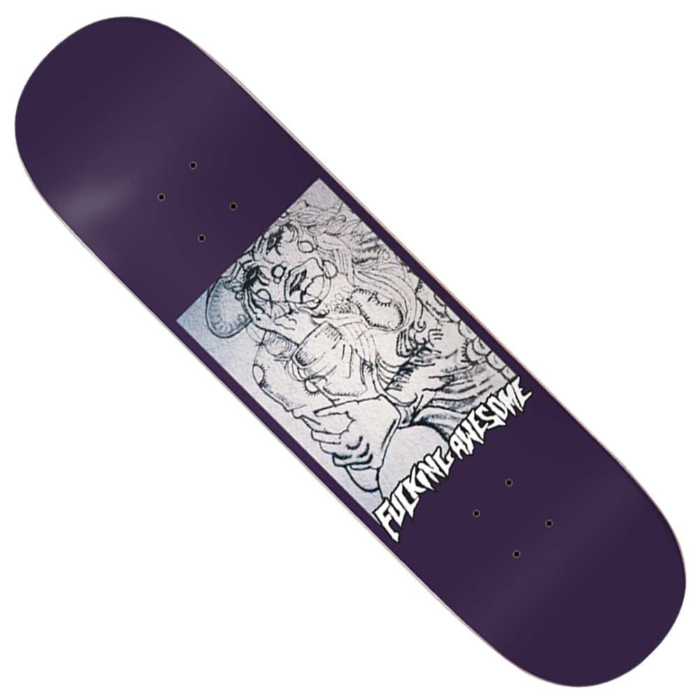 The Mural Louie Lopez 8.38 FA Deck is a purple skateboard deck showcasing a bold black-and-white illustration of a person holding a baby, finished with the Fucking Awesome logo in crisp white on the bottom right.